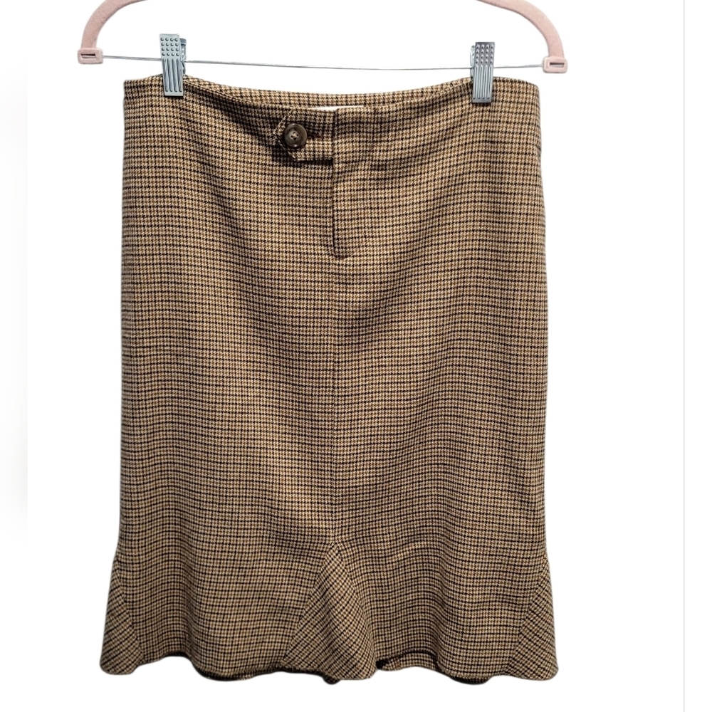 Vince Wool Blend Houndstooth A-Line Skirt Brown Tan Size 6